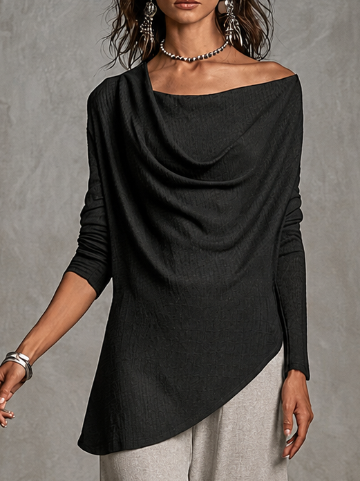 Javiera Conjunto de Dos Piezas: Top Negro Drapeado con Cuello Cowl y Hombros Descubiertos y Pantalón Ancho Gris Jaspeado Claro