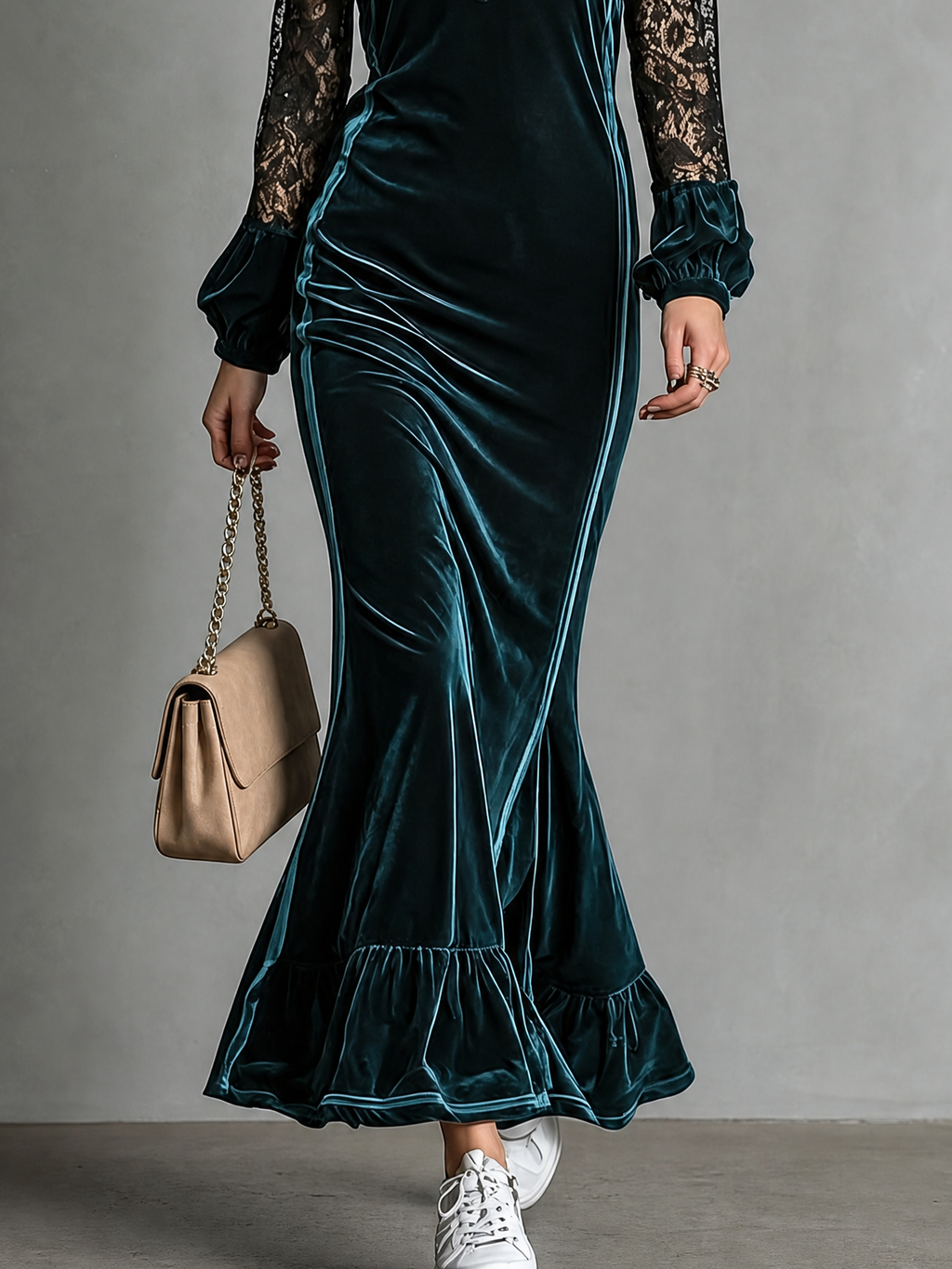 Miriam Vestido Maxi de Terciopelo y Encaje Estilo Sirena