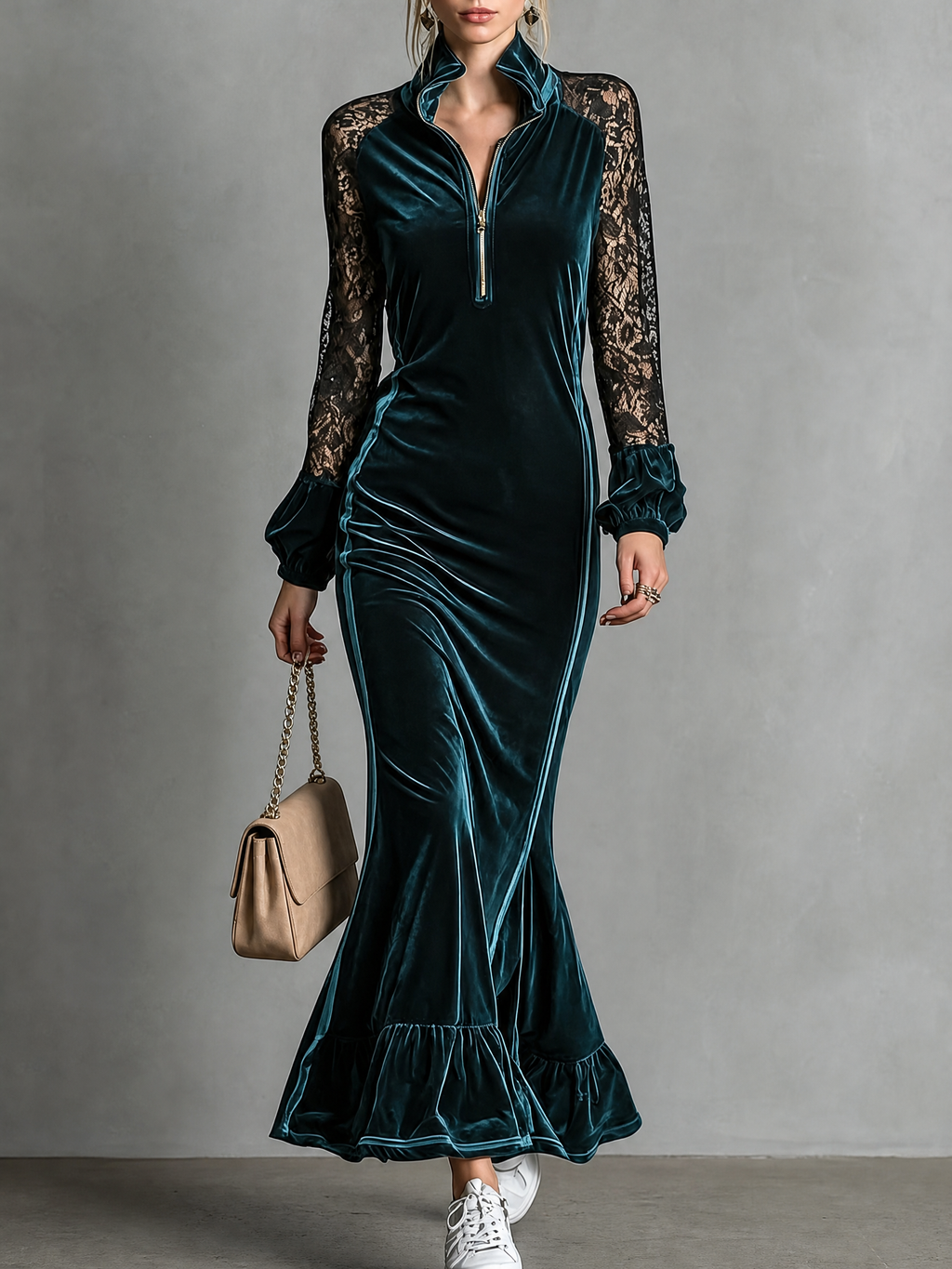 Miriam Vestido Maxi de Terciopelo y Encaje Estilo Sirena