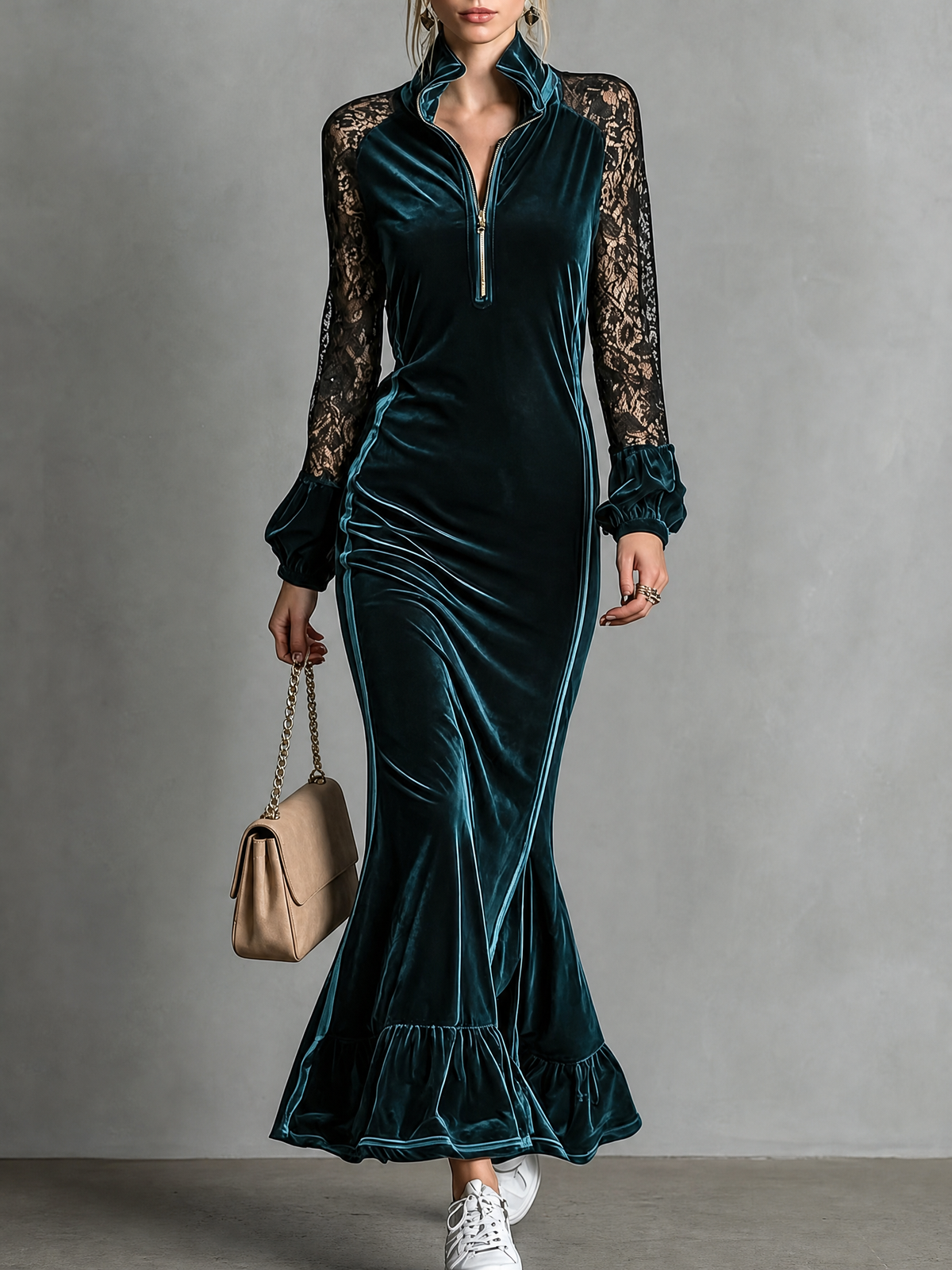 Miriam Vestido Maxi de Terciopelo y Encaje Estilo Sirena